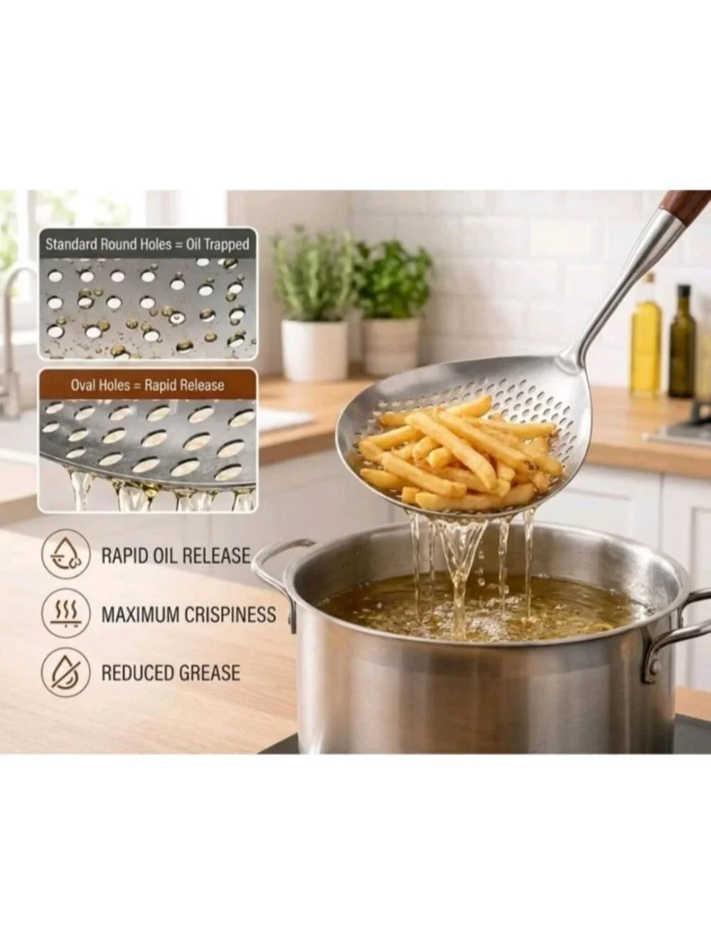 16-Inch Skimmer Slotted Spoon Wooden Handle Stainless Steel Spider Strainer